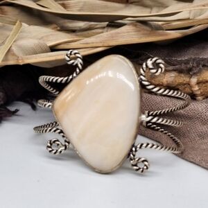 Large Genuine CALCITE Cabochons White Rhodium/925 Silver Bracelet Boho Jewelry